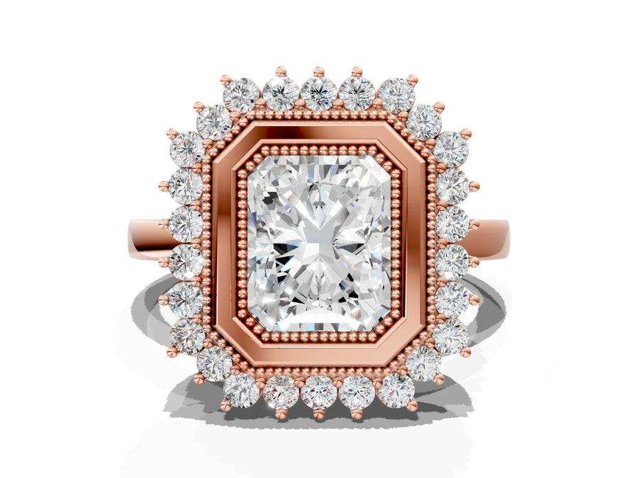 Rose gold Radiant Halo Diamond Ring with Milgrain Edge and Round Prong Setting