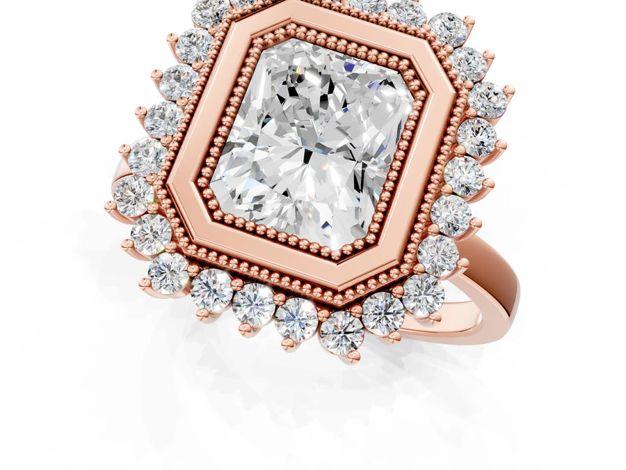 Rose gold Radiant Halo Diamond Ring with Milgrain Edge and Round Prong Setting