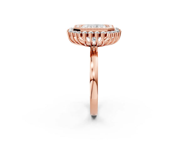 Rose gold Radiant Halo Diamond Ring with Milgrain Edge and Round Prong Setting