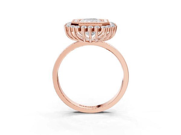 Rose gold Radiant Halo Diamond Ring with Milgrain Edge and Round Prong Setting