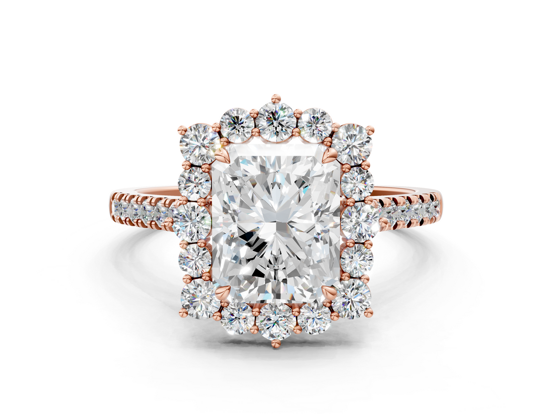 Rose gold Radiant Halo Diamond Ring with Pavé Band and Prong Setting_37