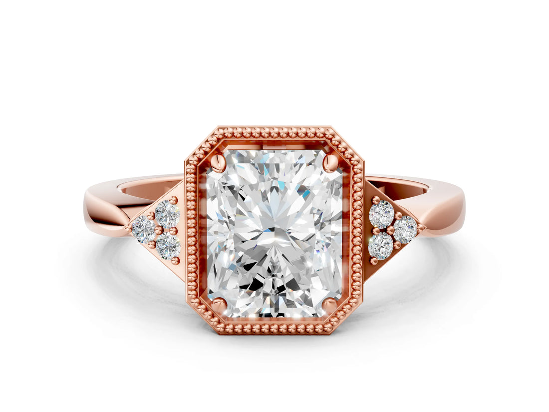 Rose gold Radiant Halo Diamond Ring with Tapered Band and Four-Prong Setting_3