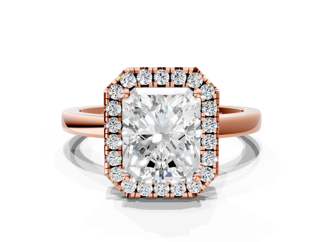 Rose gold Radiant Halo Diamond Solitaire with Pavé Band and Four-Prong Setting_90