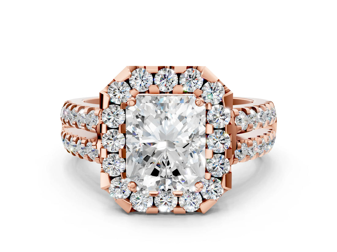Rose gold Radiant Halo Diamond Split Shank Engagement Ring with Prong Setting_98