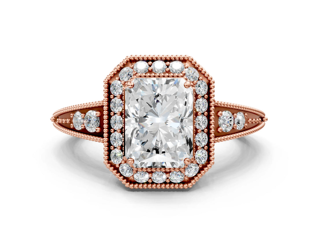 Rose gold Radiant Halo Diamond Split Shank Ring with Milgrain Detail_64