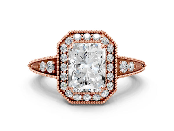 Rose gold Radiant Halo Diamond Split Shank Ring with Milgrain Detail
