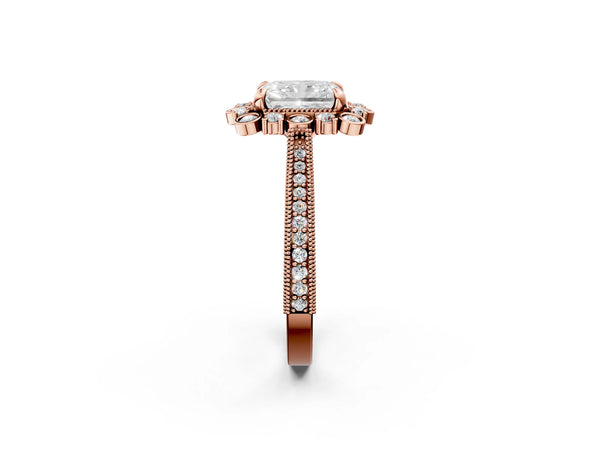 Rose gold Radiant Halo Milgrain Pave Diamond Ring with Four-Prong Setting