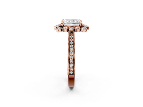 Rose gold Radiant Halo Milgrain Pave Diamond Ring with Four-Prong Setting 2