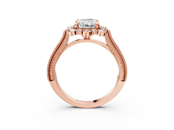 Rose gold Radiant Halo Milgrain Pave Diamond Ring with Four-Prong Setting