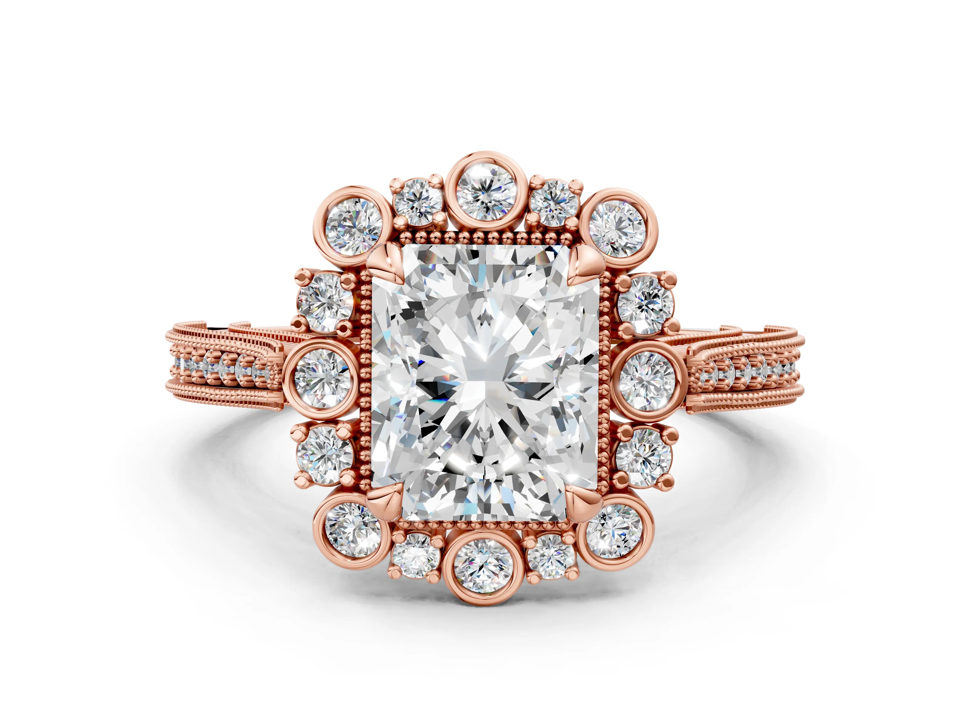 Rose gold Radiant Halo Milgrain Pave Diamond Ring with Four-Prong Setting