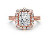 Rose gold Radiant Halo Milgrain Pave Diamond Ring with Four-Prong Setting