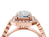 Rose gold Radiant Halo Milgrain Solitaire with Bezel Set Side Stones and Pave Band_36
