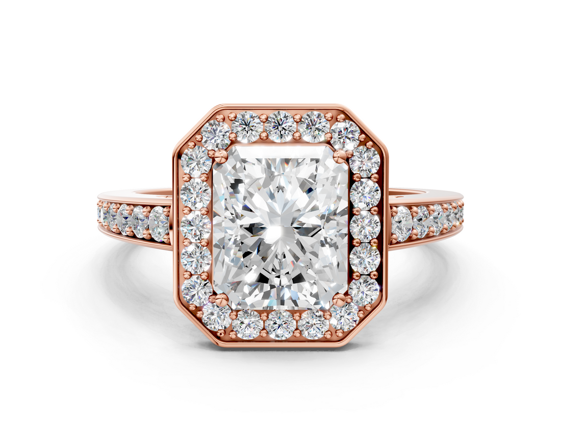 Rose gold Radiant Halo Pavé Diamond Engagement Ring with Bezel Setting_19