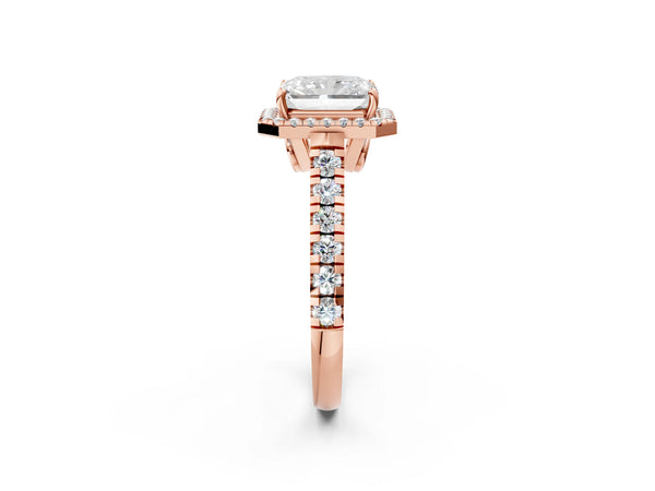 Rose Gold Radiant Cut Halo Engagement Ring Setting with Accented Shoulders and Bezel Gallery Accents