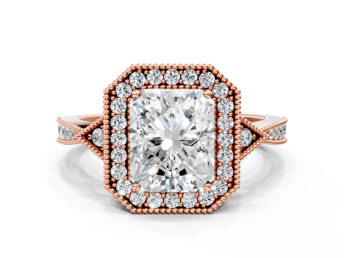 Rose gold Radiant Halo Round Diamond Milgrain Pave Engagement Ring_9