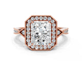 Rose gold Radiant Halo Round Diamond Milgrain Pave Engagement Ring_9
