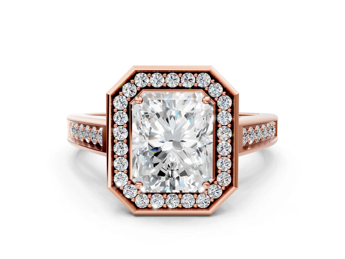 Rose gold Radiant Halo Solitaire Diamond Ring with Pave Band and Bezel Setting_49