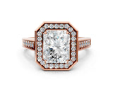 Rose gold Radiant Halo Solitaire Diamond Ring with Pave Band and Bezel Setting_49