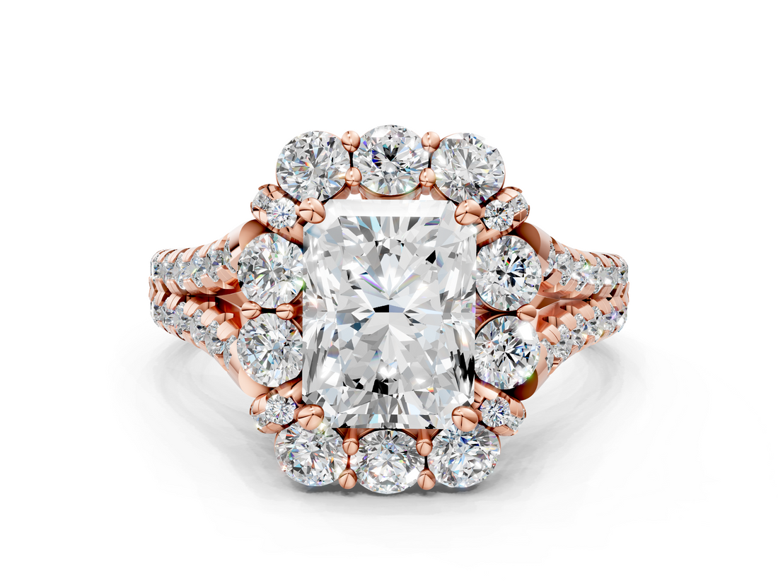 Rose gold Radiant Halo Split Shank Diamond Engagement Ring with Pave Band and Four-Prong Setting_54