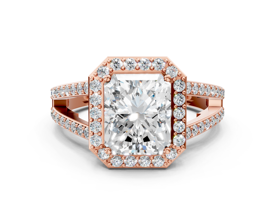 Rose gold Radiant Halo Split Shank Diamond Ring with Four-Prong Setting_36