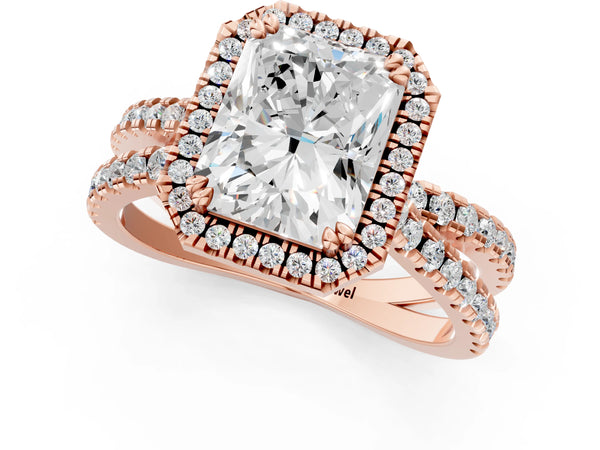 Rose gold Radiant Halo Split Shank Diamond Ring with Pavé Setting