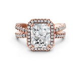 Rose gold Radiant Halo Split Shank Diamond Ring with Pavé Setting