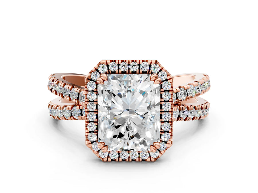 Rose gold Radiant Halo Split Shank Diamond Ring with Pavé Setting