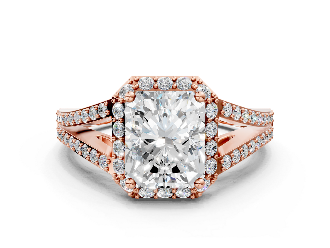 Rose gold Radiant Halo Split Shank Diamond Ring with Prong Setting_20