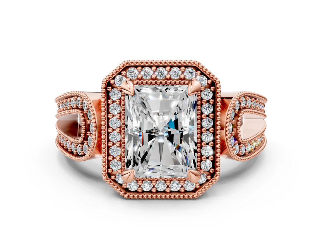 Rose gold Radiant Halo Split Shank Milgrain Diamond Ring_18