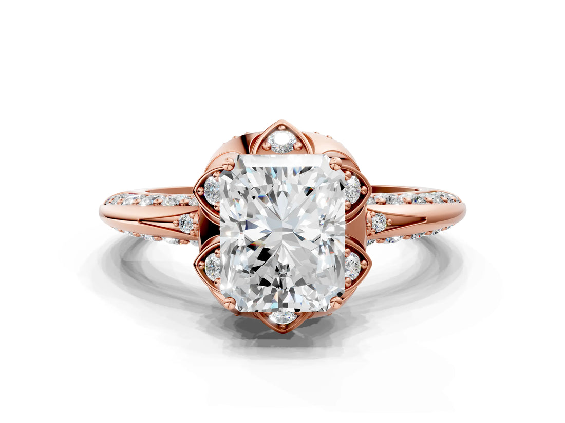 Rose gold Radiant Halo Split Shank Pave Diamond Ring with Petal Prong Setting_44