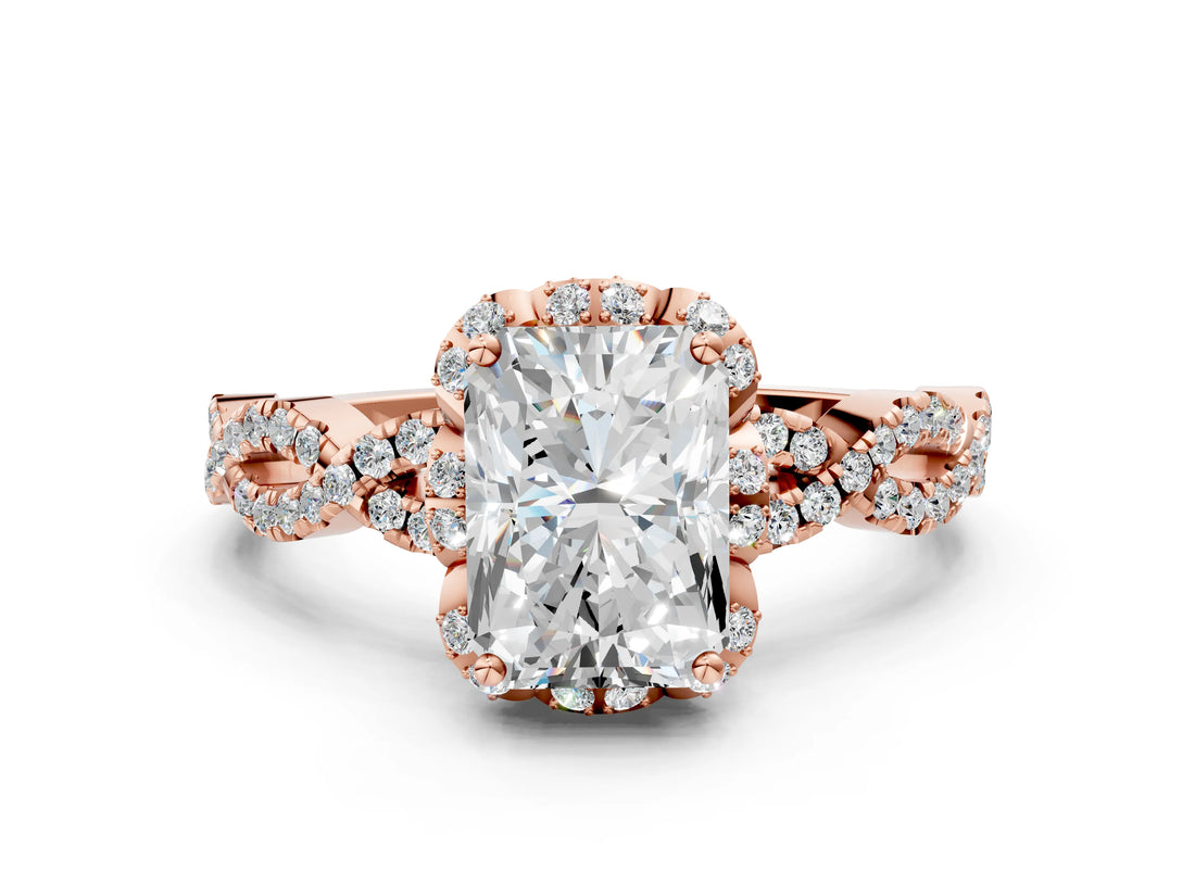 Rose gold Radiant Halo Twist Band Solitaire Ring with Six-Prong Setting_3