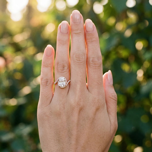 Rose gold Radiant Halo Twist Band with Four-Prong Setting