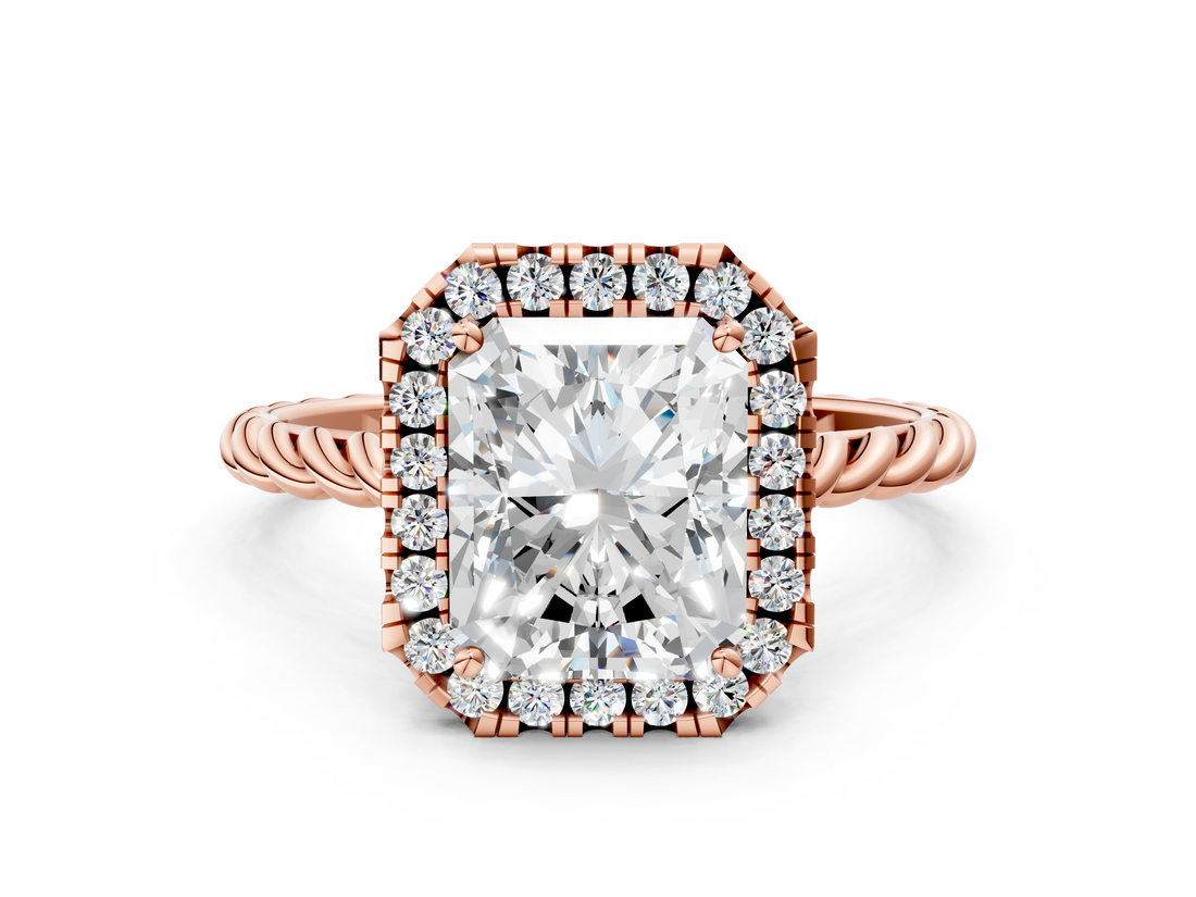 Rose gold Radiant Halo Twisted Band Four-Prong Diamond Ring_20
