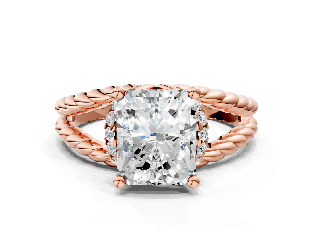 Rose gold Radiant Halo Twisted Band Four-Prong Ring_32