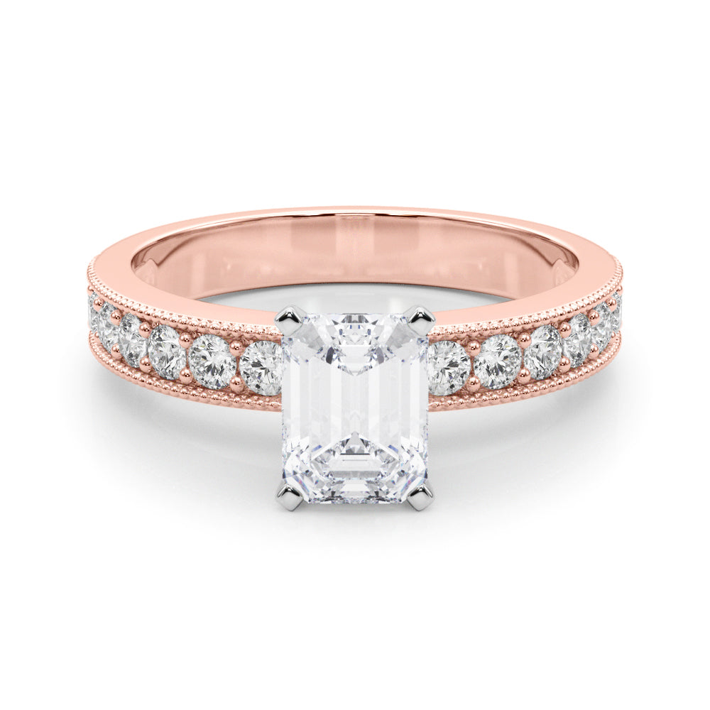 Rose gold Radiant Milgrain Pave Diamond Engagement Ring with Four-Prong Setting