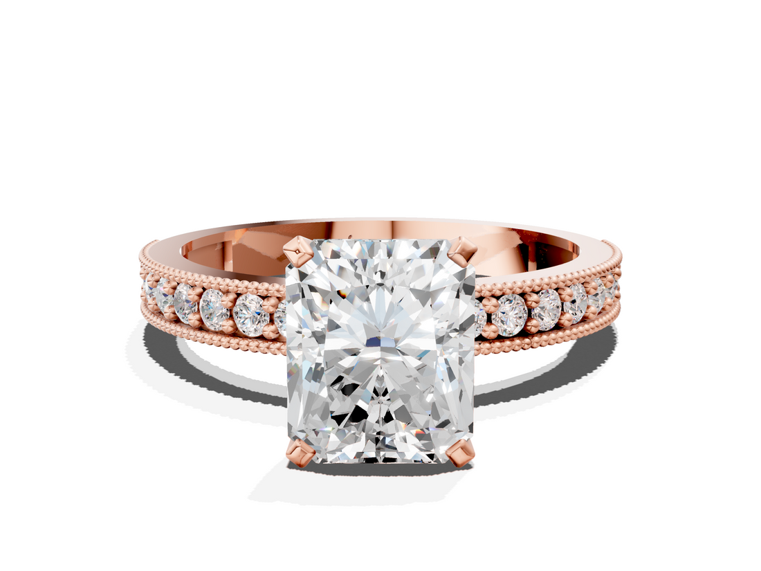 Rose gold Radiant Milgrain Pave Diamond Engagement Ring with Four-Prong Setting_144