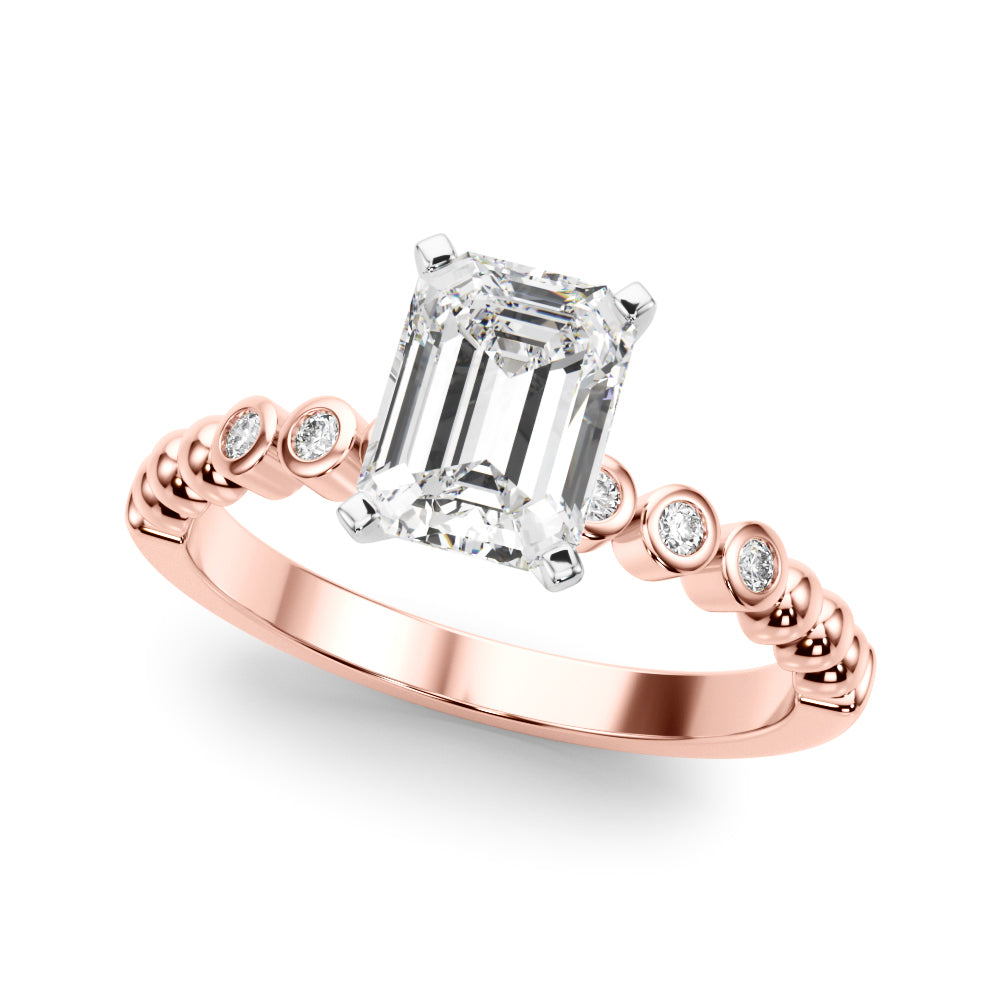 Rose gold Radiant Solitaire Bezel Accent Diamond Engagement Ring with Beaded Band and Four-Prong Setting 2