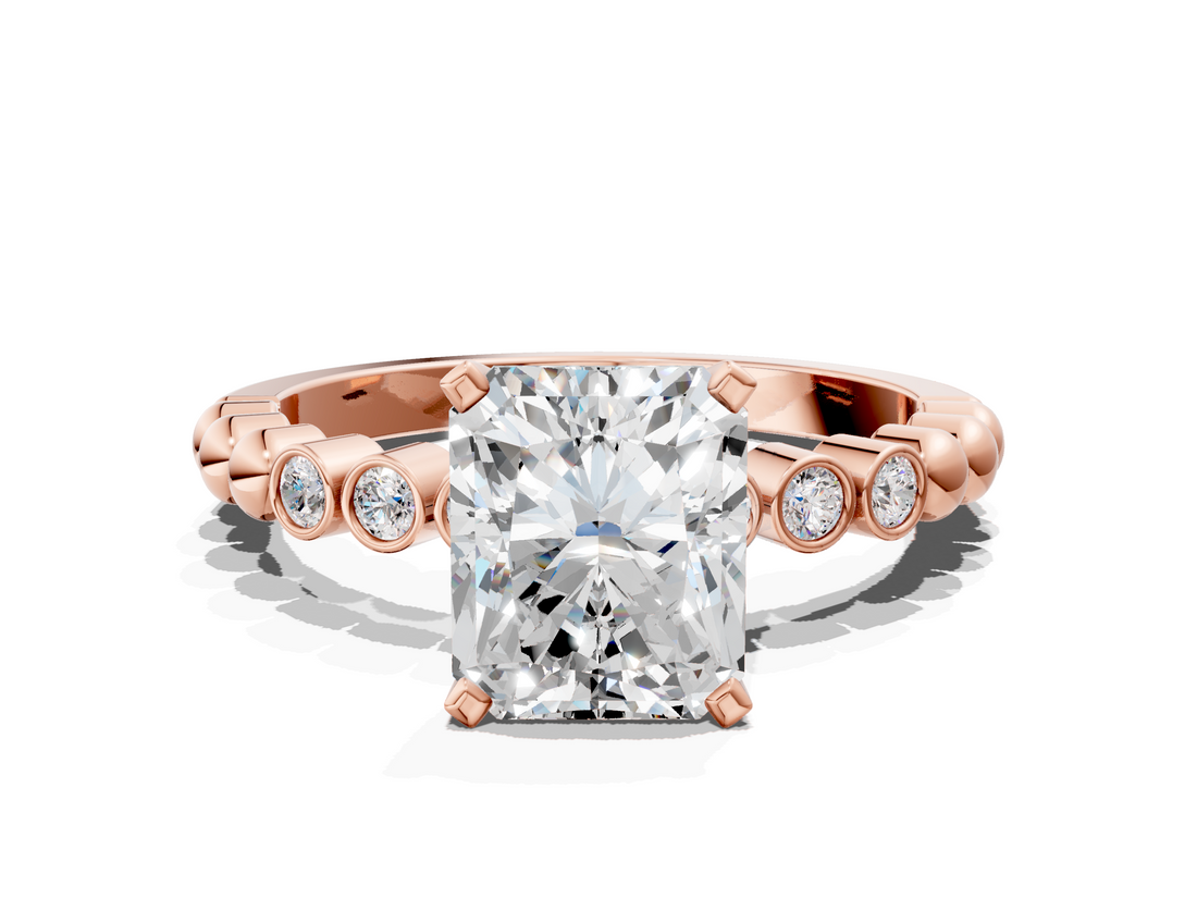 Rose gold Radiant Solitaire Bezel Accent Diamond Engagement Ring with Beaded Band and Four-Prong Setting_64