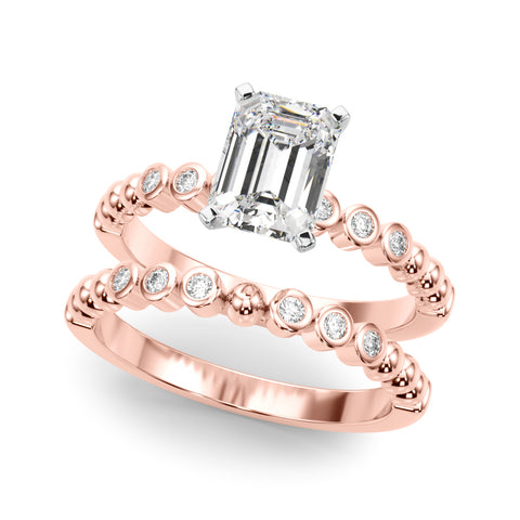 Rose gold Radiant Solitaire Bezel Accent Diamond Engagement Ring with Beaded Band and Four-Prong Setting
