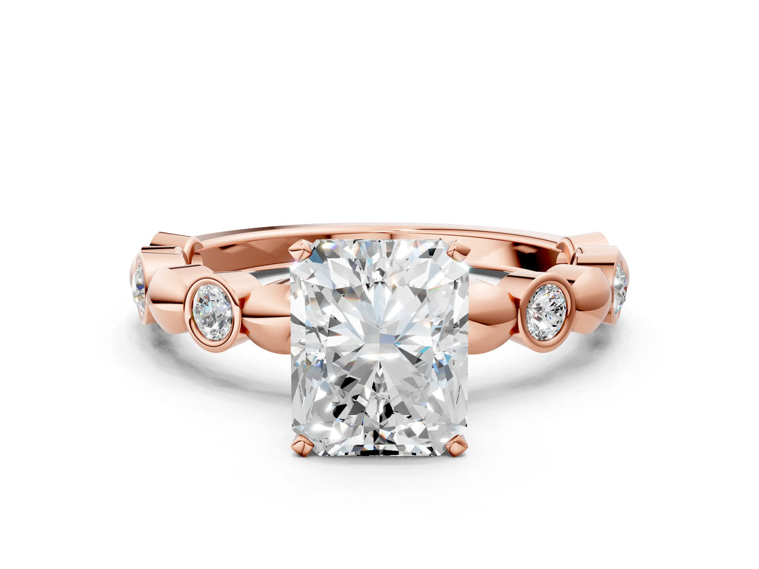 Rose gold Radiant Solitaire Bezel-Set Diamond Ring with Beaded Band and Four-Prong Setting_47