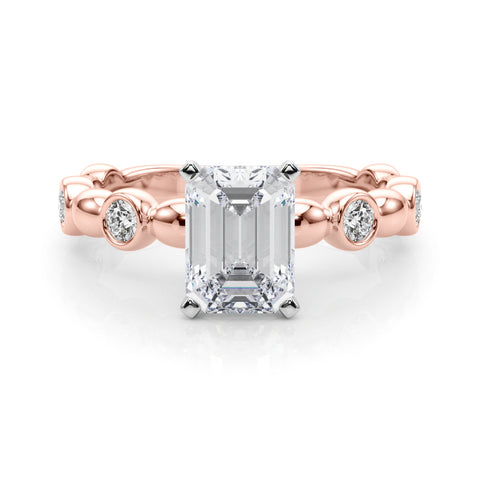 Rose gold Radiant Solitaire Bezel-Set Diamond Ring with Beaded Band and Four-Prong Setting