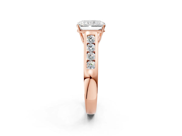 Rose Gold Radiant Cut Cathedral Channel Set Engagement Ring Setting with Round Side Stones