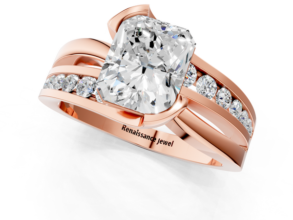 Rose gold Radiant Solitaire Channel-Set Split Shank Ring with Tension Prong Setting