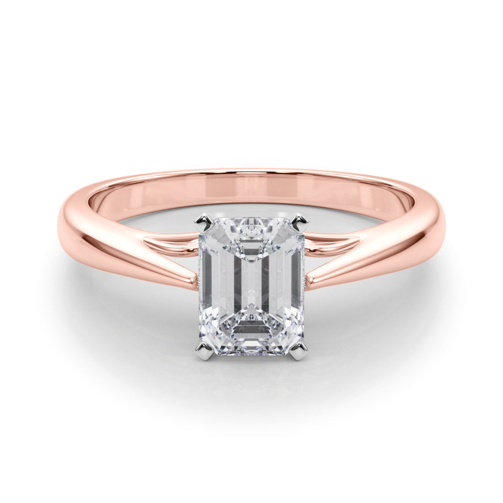 Rose gold Radiant Solitaire Diamond Engagement Ring with Cathedral Setting and Four-Prong Mount on a Classic Band