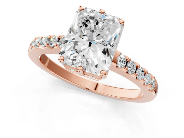 Rose gold Radiant Solitaire Diamond Engagement Ring with Pavé Band and Six-Prong Setting