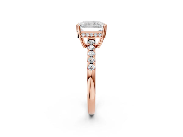 Rose gold Radiant Solitaire Diamond Engagement Ring with Pavé Band and Six-Prong Setting