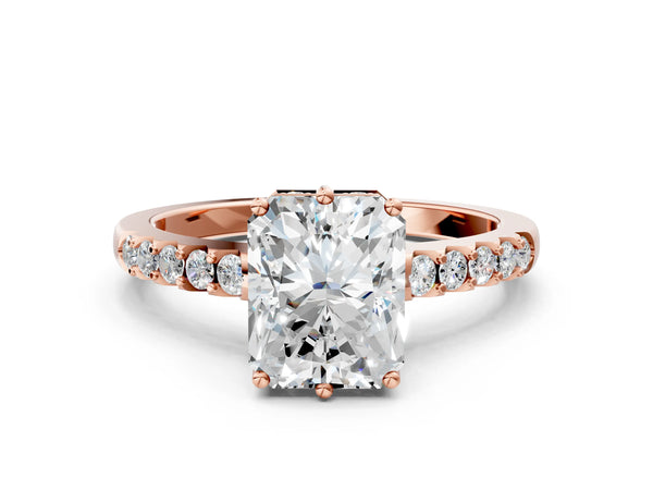 Rose gold Radiant Solitaire Diamond Engagement Ring with Pavé Band and Six-Prong Setting