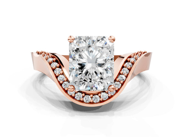 Rose Gold Radiant Cut Bypass Solitaire Engagement Ring Setting with Pave Wave Band