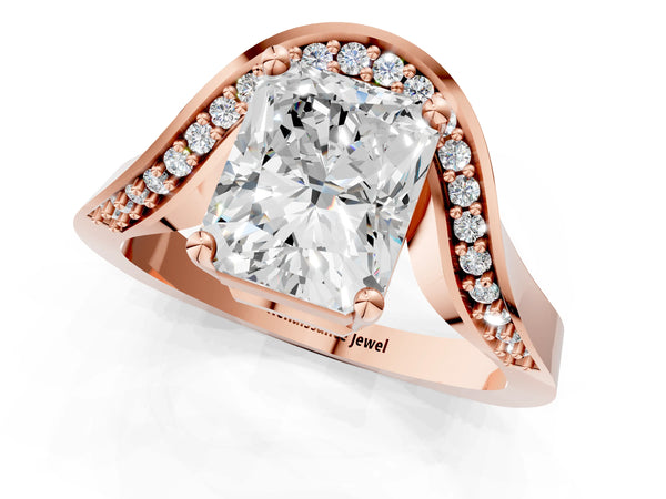 Rose Gold Radiant Cut Bypass Solitaire Engagement Ring Setting with Pave Wave Band
