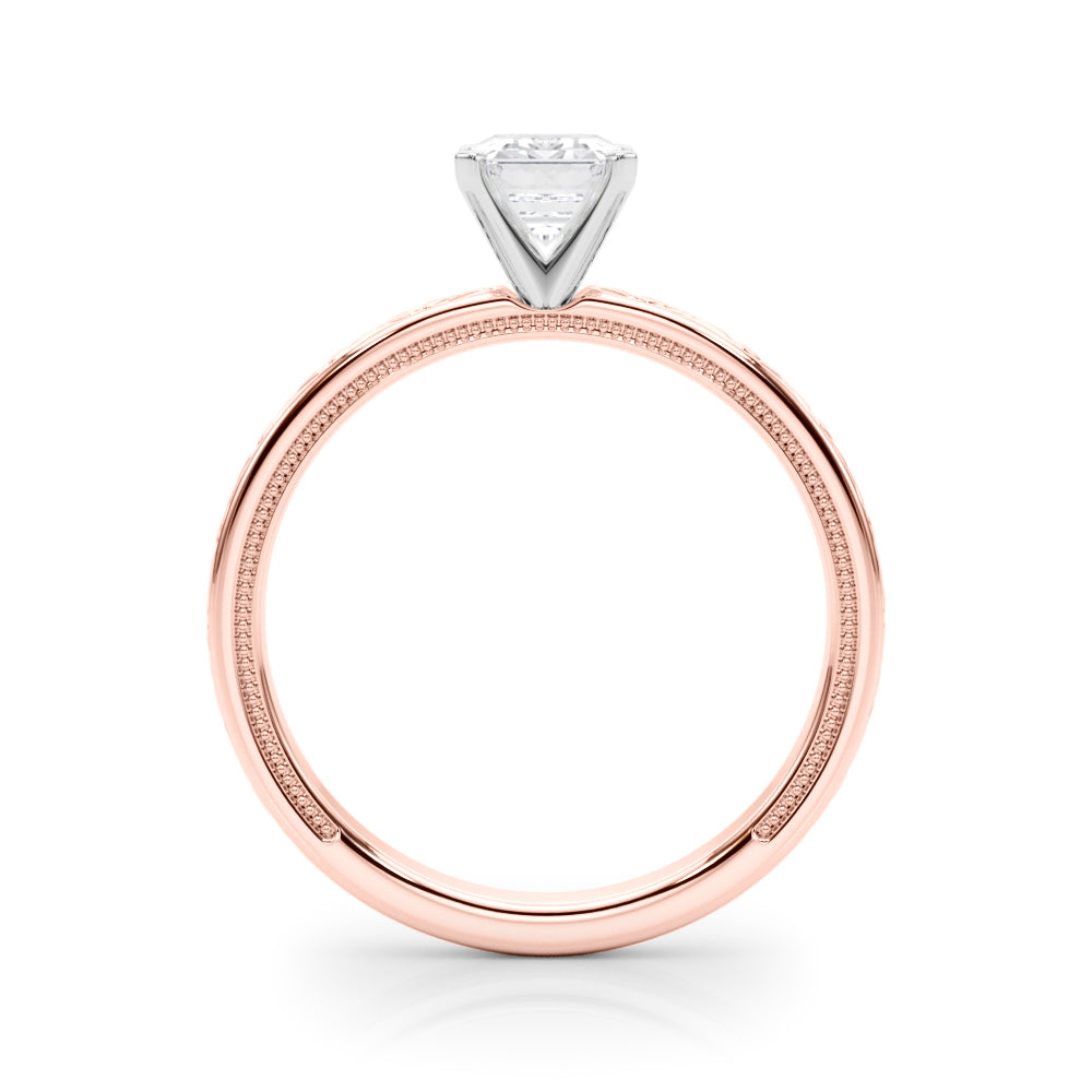 Rose gold Radiant Solitaire Diamond Engagement Ring with XO Engraved Band and Four-Prong Setting 1